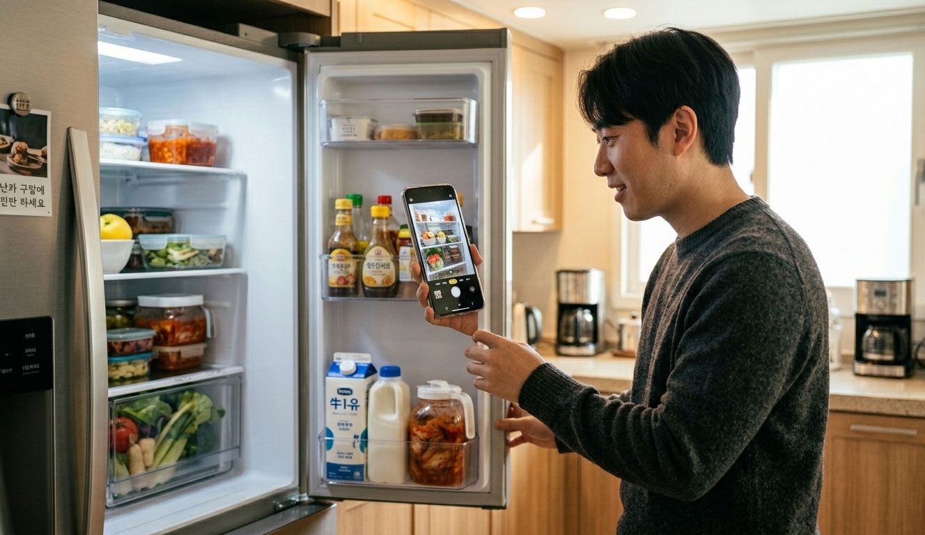 k냉털 카메라로 냉장고 재료 촬영하는 장면